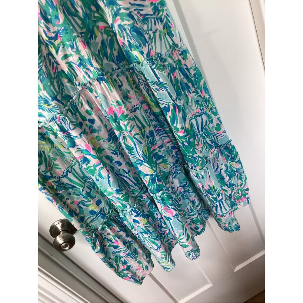 Lilly Pulitzer Blue green Large Lorian Sleeveless Ruffle Dress vacation resort - Picture 4 of 10